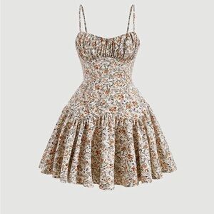 Floral Spaghetti-Strap Sundress in Cream and Brown